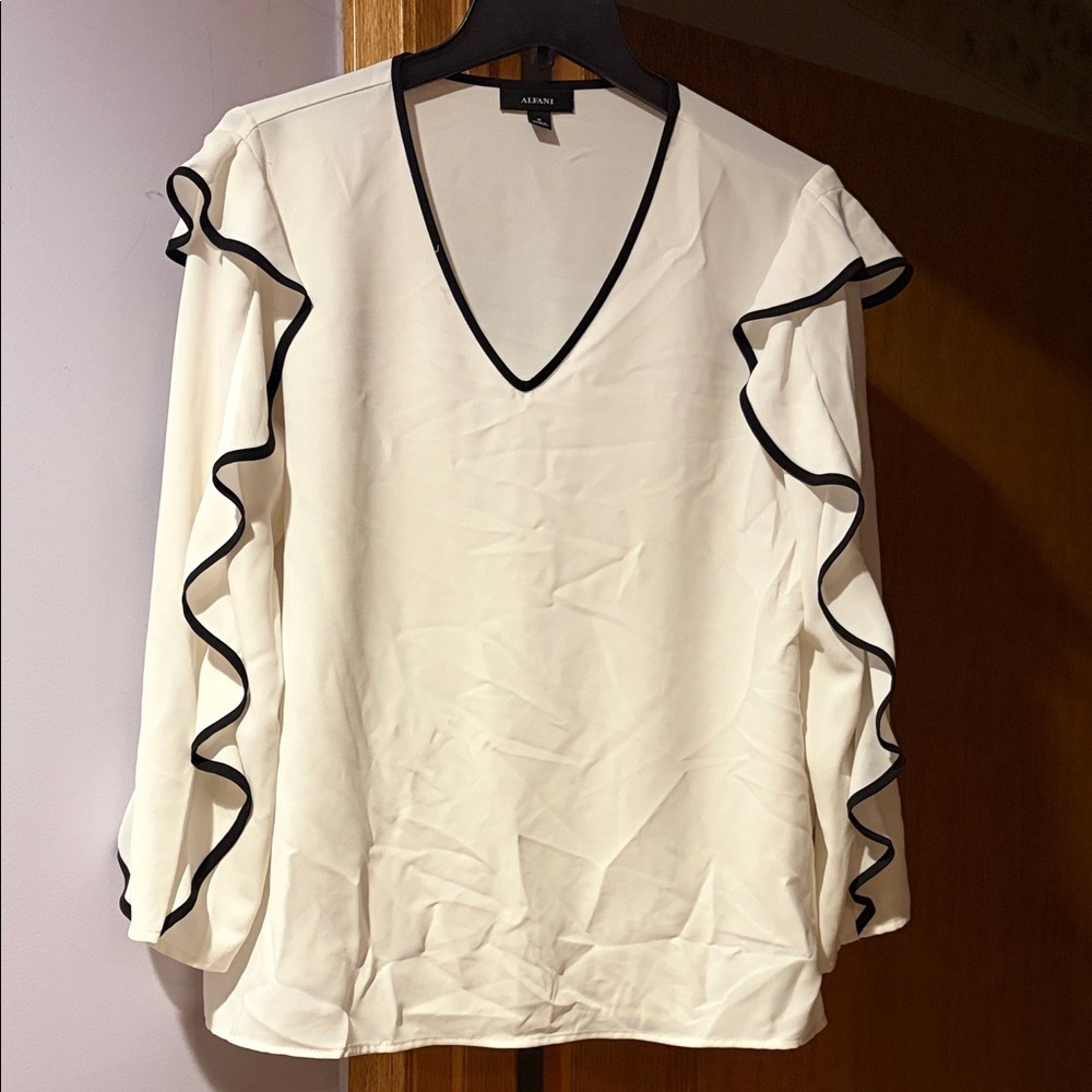 Alfani white Blouse with Black Trim ruffle sleeves